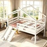 PVWIIK Twin Size Low Loft Bed with Slide andInclined Ladder for Kids,Girls,Boys Bedroom,Wood House Roof Frame with Safety Guardrails,Under Bed Storage Bedframe,White