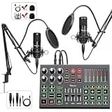 Podcast Equipment Bundle for 2, Audio Interface Mixer with Condenser Microphones, Noise Cancellation, Voice Change, 48V Phantom for Podcasting, Streaming, Recording, Gaming, TikTok, PC, Phone (V1)
