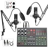 Podcast Equipment Bundle for 2, Audio Interface Mixer with Condenser Microphones, Noise Cancellation, Voice Change, 48V Phantom for Podcasting, Streaming, Recording, Gaming, TikTok, PC, Phone (V1)