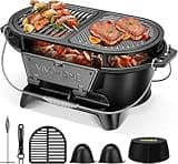 VIVOHOME Oval Cast Iron Grill with Interchangeable Grates & Griddle, 2 Furnace Doors for Heat Control, Includes Gloves, Poker and UV-Resistant Cover