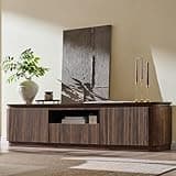 XIASLO 70" Fluted TV Stand for TVs Up to 80", Mid Century Modern Entertainment Center with Drawer, Storage Cabinet, Open Shelf, Wood Low Profile Media TV Console for Livingroom, Dark Walnut