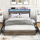 Kiivakii Full Size Bed Frame with 4 Storage Drawers, LED Platform Bed with Headboard, Built in Charging Station, Noise-Free, Metal Support Base, No Box Spring Needed, Gray