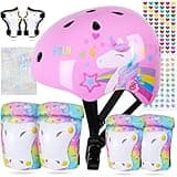 FIODAY Kids Bike Helmet, Toddler Helmet Knee and Elbow Pads Wrist Guards Adjustable Protective Gear Set with DIY Sticker for Girls 3-5-8 Years for Skateboard Inline Skating Scooter