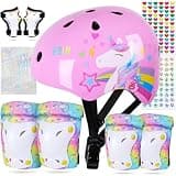 FIODAY Kids Bike Helmet, Toddler Helmet Knee and Elbow Pads Wrist Guards Adjustable Protective Gear Set with DIY Sticker for Girls 3-5-8 Years for Skateboard Inline Skating Scooter