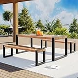 3 Pieces Outdoor Dining Table Sets with 2 Benches for Balcony, Dining Room, Durable Acacia Wood Dining Set with Rectangular Dinner Table, 2 Long Benches & All-weather Steel Frame for Poolside,Backyard