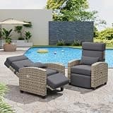 SunnyFurn 2PCS Outdoor Recliner Chair, Reclining Patio Chairs with 145° Adjustable Backrest & Footrest, Wicker Recliner Chairs with Flip Table and Removable Olefin Cushion for Poolside, Deck, Balcony