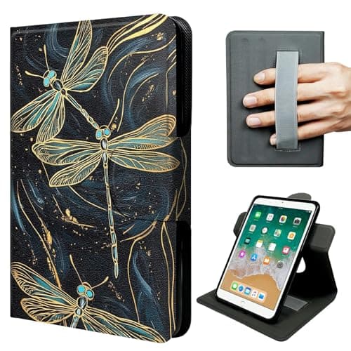 JNFBWULO iPad 9.7 Case (2018 6th Gen / 2017 5th Gen), 360° Rotating Stand with Hand Strap, Vertical & Horizontal Viewing, Auto Sleep Wake - Golden Dragonfly