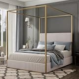 Merax Modern Luxury King Metal Canopy Bed with Tall Upholstered Headboard, Gold Four Poster Bed, No Box Spring Needed, Beige