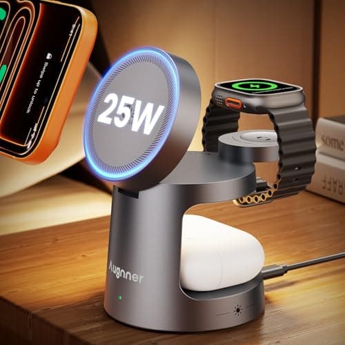 3-in-1 Charging Station for Apple, Qi2.2 25W Foldable Wireless MagSafe Charger Stand for iPhone 17/16/15/14/13/12, Apple Watch & AirPods, Magnetic Wireless Charger with Night Light(45W Adapter)
