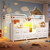 CJLMN Twin Low Loft Bed with Multi-Storage Spaces, Non-Woven Fabric Drawers, Shelves, and Built-in Lights - Sturdy Metal Frame, White
