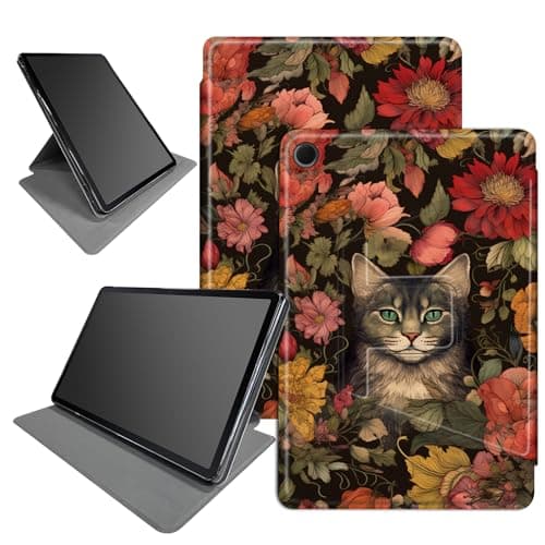 Flowers Garden Cat Case for Samsung Galaxy Tab A8 10.5 Inch 2022 SM-X200/X205/X207, 360 Degree Rotating Folding Stand Multiple Viewing Angles Case with Auto Sleep/Wake