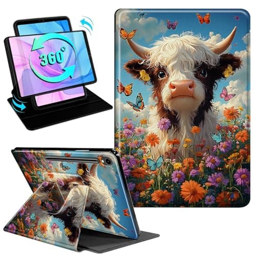 Gmeyutqy Case for Samsung Galaxy Tab S10 Lite/S10 FE/S9 FE 10.9-Inch/S9 11-Inch, 360 Degree Rotating Swivel Stand Flip Leather Cover with Auto Sleep/Wake, Floral Highland Cow