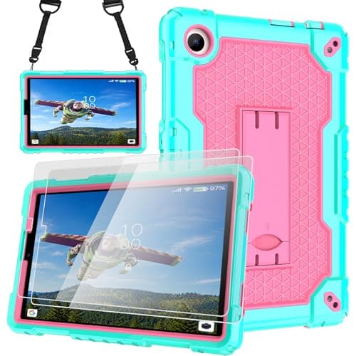 Doemoil for Verizon TCL Tab Disney Edition 2 8 inch Case Built in Shoulder Strap & Kickstand Soft Silicone Hard Back Kids Case Cover for TCL Tab Disney Edition 2 Tablet (Green/Pink+2 PCS Glass)