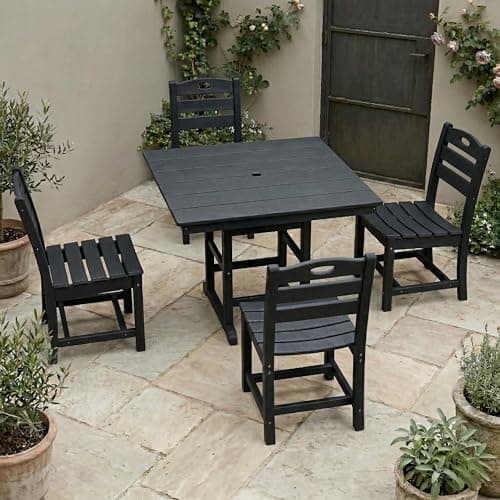 Elountik Outdoor Dining Set for 4, Black HDPE Patio Furniture, Square Table and 4 Chairs, All-Weather Backyard Dining Set with Umbrella Hole