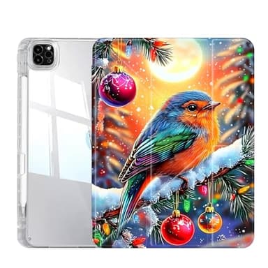 Case for iPad Pro 13 Inch (M5/M4) 2025/2024, Slim Clear Case with Pencil Holder, Multi-Angles Folding Y-Shaped Stand Cover, Christmas Tree and Colorful Birds