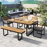6-Piece Outdoor Dining Set, Acacia Wood, 1 Table with 4 Chairs & 1 Bench for 6-7 Person, Comfortable Cushions on Chairs, Adjustable Feet, for Patio, Garden, Backyard Dining, Gray Cushion