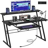 Music Studio Desk Production Workstation - Recording Studio Desk for Producer with Power Outlet, Studio Workstation for Music Recording, Home Studio Table Desk, Black