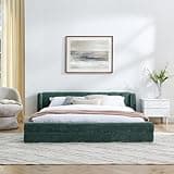 GDFStudio Queen Size Upholstered Bed Frame with Thick Chenille Fabric, Modern Grounded Platform Bed with Headboard and Solid Frame, No Box Spring Needed, Blue Green