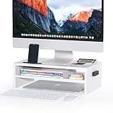 BONTEC Wooden Monitor Stand Riser for Desk, 2-Tier Computer Monitor Stand with Storage, 66 lbs Desk Shelf Organizer, Laptop & Printer Stand with Phone Holder and Cable Management, White, 16.5 Inch