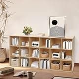 PIAOYUE 18 Cube Solid Wood Bookshelf, Open Cubby Storage Organizer, Semi-Open Kids Toy Book Case, Freestanding Wall Mount Display Cabinet for Bedroom Playroom Living Room
