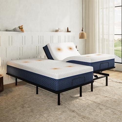 Emerspring Split King Adjustable Bed Frame with Wireless Control + 14 inch Gel Memory Foam Mattress in a Box, Electric Massage, Head and Foot Incline, Zero Gravity, 80"×76"