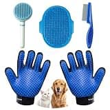 NVNAN 5 Piece Dog Grooming Brush Set with Grooming Gloves, Deshedding Comb & Massage Bath Brush | Dog Shampoo Brush - Multifunctional Pet Hair Removal Tools for Shedding, Bathing, Brushing (Blue)