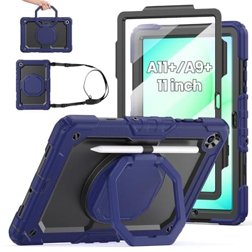 Shockproof Case for Galaxy Tab A11 Plus/A9 Plus with Screen Protector/360 Rotating Stand/Shoulder Strap/Pen Holder, Sanyetral Samsung Galaxy Tab A11+ Plus/A9+ 11 Inch 2025/2023 Tablet Case -Navy Black