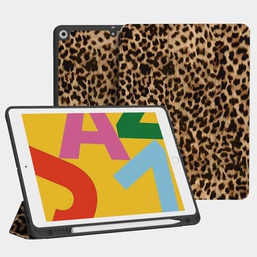 Ouinice Case for iPad 10.2-inch 9th/8th/7th Generation (2021/2020/2019), Full Protective Cover with Pencil Holder, Trifold Stable Stand, Brown Cheetah