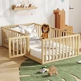 Bellemave Twin Size Floor Bed with Slats and Door, Twin Size Montessori Floor Bed with High Fence, Low Profile Montessori Beds Frame for Kids, Gils and Boys, Natural