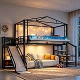 Bellemave Twin Size Metal House Loft Bed with Slide and Stairs,Black