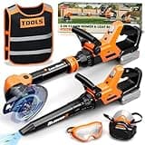 KidBloom Kids Gardening Tools Set with Vest, 2-in-1 Kids Lawn Mower & Kids Leaf Blower with Lights & Sounds, Toy Weed Wacker with Goggles & Mask, Outdoor Pretend Play Toys, Birthday Gifts for Boys 3+