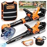 KidBloom Kids Gardening Tools Set with Vest, 2-in-1 Kids Lawn Mower & Kids Leaf Blower with Lights & Sounds, Toy Weed Wacker with Goggles & Mask, Outdoor Pretend Play Toys, Birthday Gifts for Boys 3+