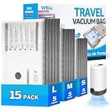 15 Packs Vacuum Bags for Travel with Rechargeable Pump, 3 Sizes Vacuum Seal Bags for Clothing, Compression Vacuum Travel Bags for Luggage, Vacuum Packing Bags for Closet Organization