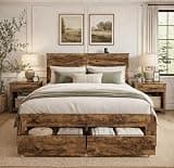 SAMTRA Wooden Bed Frame with Storage Drawers, LED Headboard & Charging Station, Wood Platform Bed Frame with Tall Headboard, No Box Spring Needed, Brown, Full Size