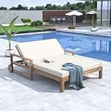 OVX Farmhouse-Style Wooden Outdoor Daybed, 1-Piece Sunbed for 2 People – Ultimate Relaxation for Poolside, Garden & Backyard,Beige