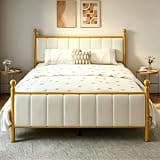E-Motie Full Size Bed Frame, Upholstered Platform Metal Beds Frame with Headboard, Supported by Strong Metal Slats, No Box Spring Needed, Easy Assembly, Noise-Free, Gold/Beige