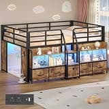 busyaeh Low Loft Bed Full Size with Storage Drawers and LED Lights, Low Loft Bed for Kids with Charging Station,15" Safety Guardrail Modern Metal Bed Frame with Bookshelf Under-Bed Space,Vintage Brown