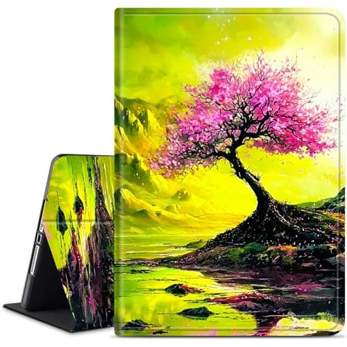 Dikoer for Samsung Galaxy Tab A 10.1 Inch 2019 Model SM-T515/T510 Tablet Case, Slim KickstandStand Leather Smart Cover for Women Men with Auto Wake/Sleep, Green Creek Cherry Blossom