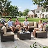 LEVELEVE 7-Piece Outdoor Patio Furniture Sets, Manual Weaving Rattan Conversation Sectional Sofa with Tempered Glass Coffee Table, All-Weather PE Wicker & Thick Cushions for Garden, Backyard, Porch