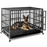NUGRIART Escape-Proof Heavy Duty 38" Dog Crate, Indestructible Steel Kennel for Large & High-Anxiety Dogs with 300Lbs Capacity, Double Door Design with 4 Locking Wheels and Reinforced Baseplate.
