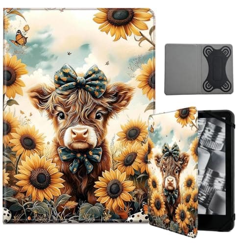 NLZQTTBD Universal Case for 6-7 Inch Tablet eReader - Premium PU Leather Cover,Compatibility 6",6.8",7" Case for Kindle/Kobo/Nook/Tolino/Pocket Book E-Book Tablet - Highland Cow Sunflowers