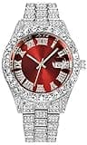 Men's Diamond Watch Fashion Crystal Rhinestone Quartz Analog Watch Iced-Out Bracelet Wrist Watch (Silver red)