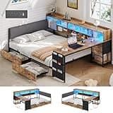 BYSAUD Twin Bed Frame with Storage and Desk, Corner Bed Frame, Corner Bed with 4 Drawers, 6 Bookcase, 1 Side Storage Bag, Upholstered Headboard, LED Lights, Charging Station, Rustic Brown