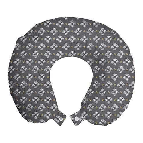 Ambesonne Cartoon Travel Pillow Neck Rest, Ornamental Scribble Spots Hand Drawn Style Little Spots Spirals Abstract, Memory Foam Traveling Accessory for Airplane and Car, 12", Grey White Mustard