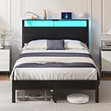 Kbun Full Size Metal Bed Frame with Storage Headboard, LED Lights and USB Charging Ports, Noise Free Platform Bed with Sturdy Slats, No Box Spring Needed, Easy Assembly