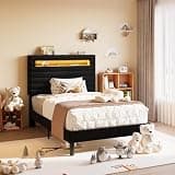 SHA CERLIN Twin Bed Frame with LED Light & 2-Tier Storage Shelf, Velvet Upholstered Adjustable Headboard with Charing Station, Horizontal Channel Tufted, No Box Spring Needed, Easy Assembly, Black