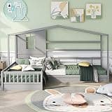 Wood House Bed Twin Size, 2 Twin Solid Bed L Structure with Fence and slatted Frame, Gray