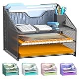 Samstar Desk File Organizer, Mesh Letter File Folder Holder with 3 Paper Trays and 2 Vertical Upright Section, for Office Supplies,Desk Accessories & Workspace,Black.