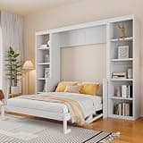 Harper & Bright Designs Queen Size Murphy Bed with Desk and Bookshelf, Wood Murphy Bed Frame with Storage Shelves, Space-Saving Hidden Foldable Wall Bed for Guest Room Office, White