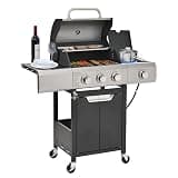 Endark 3-burner propane grill, 40,500 BTU with side-fire function. Stainless steel, enameled cast iron grate, thermometer, wheels. Perfect for patio and garden cooking